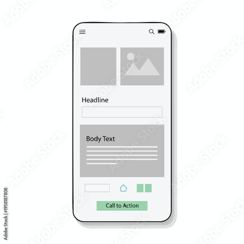 A phone UI sketch shows image blocks, headline, body text, and a call to action