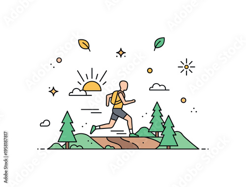 Trail running outdoor runner crossing a forest trail with small hills and a rising sun symbolizing fitness, exploration and early morning adventure. Decorative