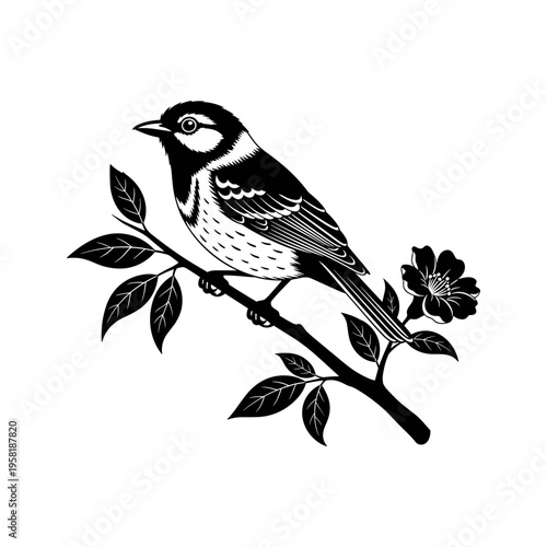 A small bird perched on a branch with a flower
