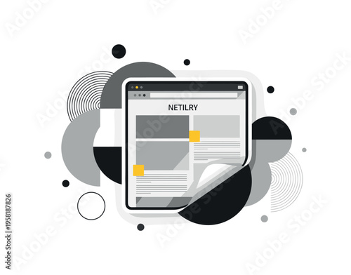 online article with highlighted sections, geometric circles semicircles and abstract shapes symbolizing information and focus, black and white retro realistic