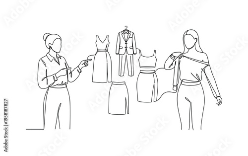 Fashion Advice Session. Minimalistic one-line drawing stylist pointing to outfit options while client tries on clothes, continuous single black line on white