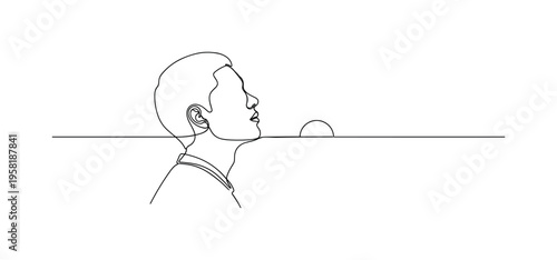 Positive Outlook. Minimalistic one-line drawing person looking toward a rising sun on the horizon symbolizing optimism and hopeful thinking, continuous single