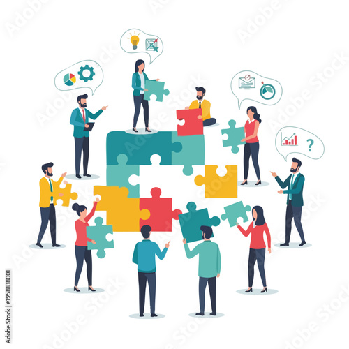 Team collaboratively builds a colorful puzzle, symbolizing synergy and shared goals