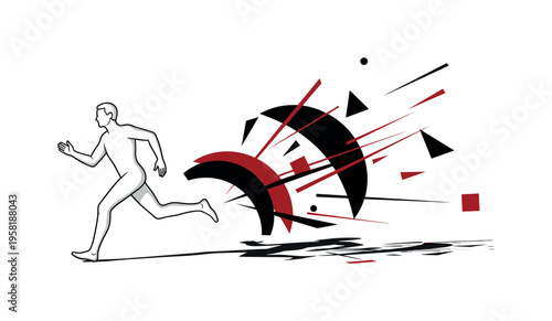 human figure running from shadow abstract semicircles lines and geometric blocks symbolizing escape and fear reaction black and white retro figure with white