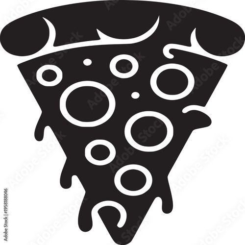 A black and white graphic illustration of a slice of pizza with melting cheese and pepperoni circles