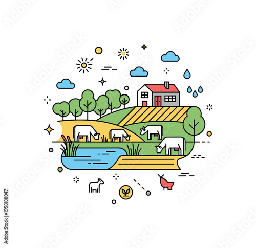 Farm farm landscape with a pond, trees, and grazing animals representing rural life, ecosystem balance, and agriculture. Decorative spark icons and tiny water