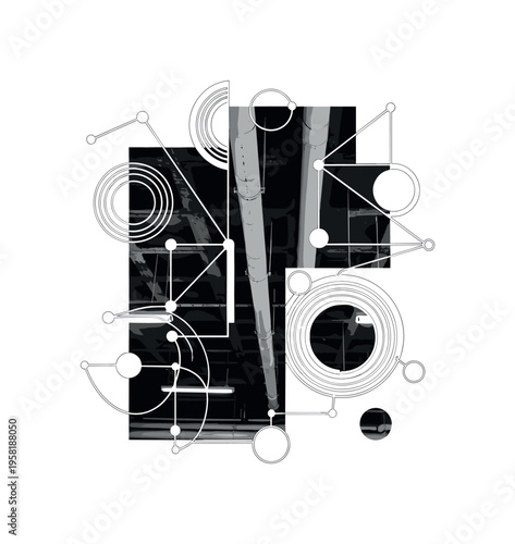 industrial ceiling with pipes, geometric lines circles and abstract shapes symbolizing structure and complexity, black and white retro realistic ceiling with