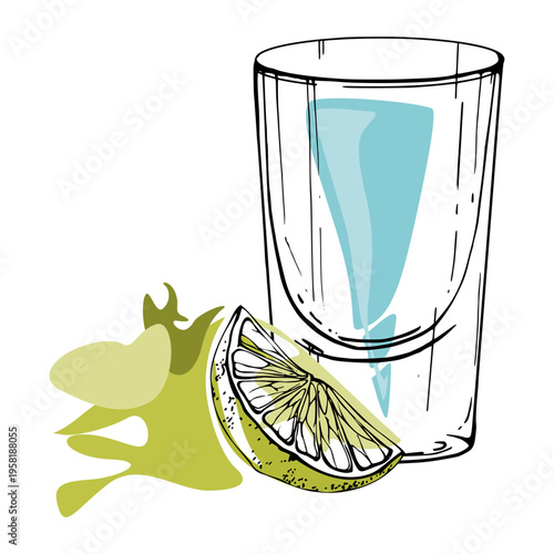 Flat vector Blue Kamikaze shot, energy drink, exotic flavor lemonade in electric cyan, lime wedge highlight. Isolated illustration hand drawn in ink for tropical design collections or recipe art.