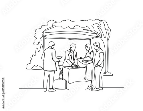 Mobile Legal Aid. Minimalistic one-line drawing lawyer assisting people outside in a temporary legal aid setup, continuous single black line on white