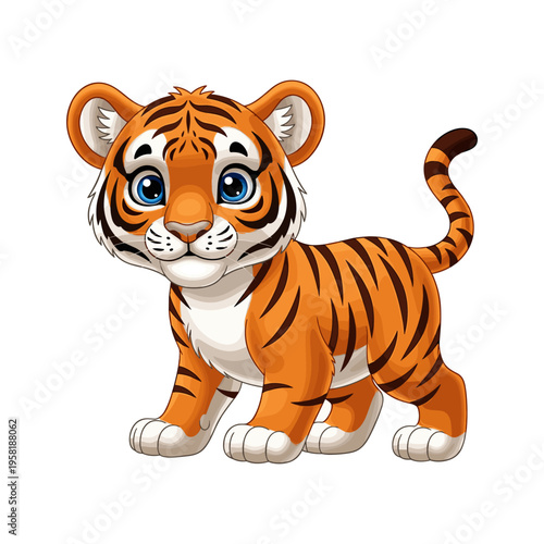 A cute cartoon tiger cub with blue eyes