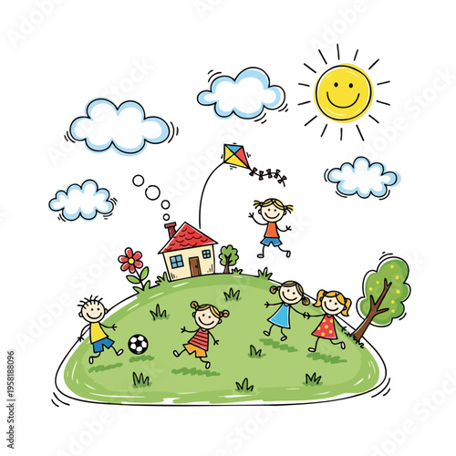 Diverse children playing on a grassy hill with a house, kite, and sunshine