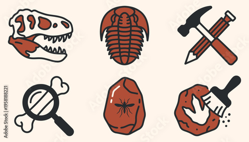 Paleontology icon set with dinosaur skull trilobite and amber fossils
