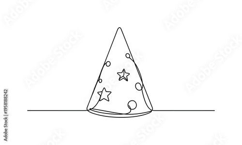 Birthday Hat. Minimalistic one-line drawing party hat with simple decoration for birthday celebration, continuous single black line on white background, simple