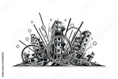 collapsed buildings, geometric lines circles and abstract blocks representing destruction and chaos, black and white retro realistic ruins with white outline