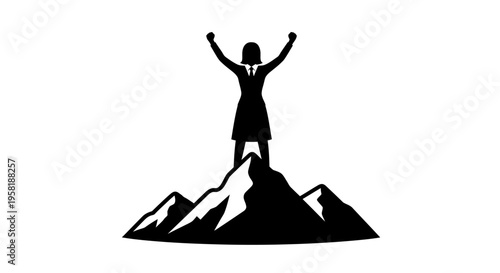 Woman standing on mountain peak triumphantly.