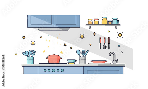Soft daylight kitchen scene with morning sunlight falling on countertops and utensils representing freshness, calm, and inviting home atmosphere. Decorative