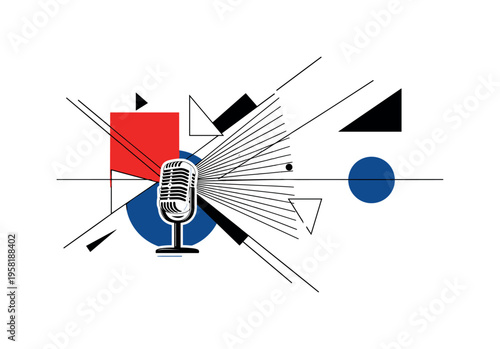microphone on stand with radiating geometric circles and lines symbolizing voice reaching audience black and white retro microphone object with white outline