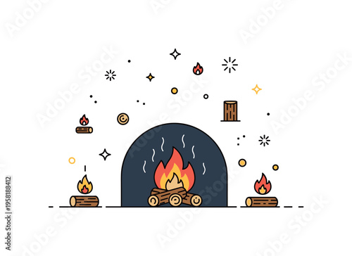 Fire fireplace scene with logs burning gently, casting a warm glow across a cozy room representing comfort, warmth, and relaxation. Decorative spark icons and