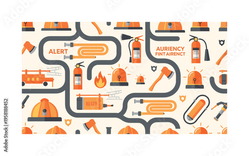 emergency fire response gear seamless pattern, fire extinguishers axes hoses and alert sirens arranged in a repeating pattern, white background with strong red
