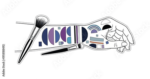 wrist with multiple eye shadow swatches and brush abstract semicircles lines and geometric blocks symbolizing makeup testing black and white retro wrist and