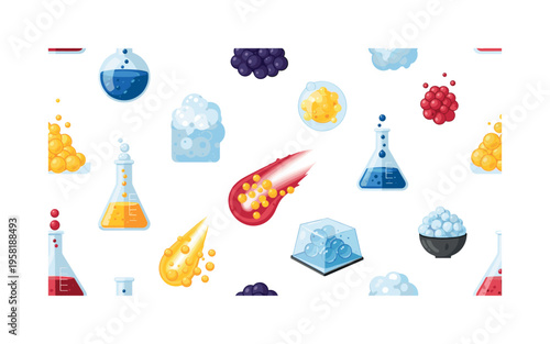 molecular gastronomy experiments seamless pattern, repeating pattern, surface design, textile print, modern illustration of beakers, foams, gels, edible