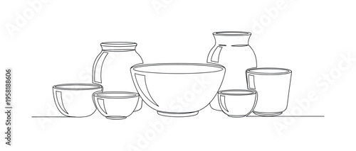 Minimal Ceramic Arrangement. Minimalistic one-line drawing simple arrangement of ceramic bowls and pots in an elegant layout, continuous single black line on