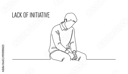 Lack of Initiative. Minimalistic one-line drawing person with slouched posture and hands in lap representing inactivity and passivity, continuous single black