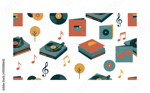 classic vinyl records seamless pattern, stacked LPs, turntables, record covers, and music notes arranged in a repeating pattern, white background with warm