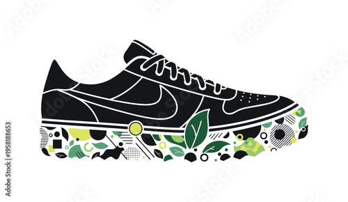 sneaker sole transforming into leaf pattern abstract circles lines and geometric shapes representing biodegradable materials black and white retro sneaker