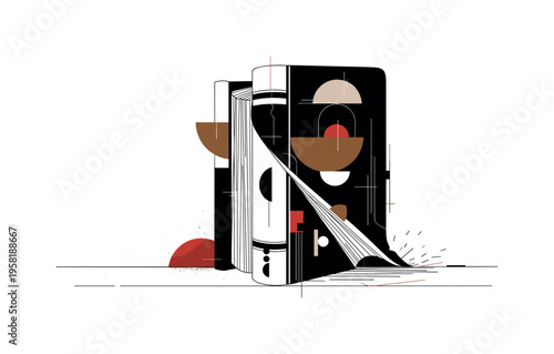 old book half pulled from dusty shelf abstract semicircles lines and geometric blocks symbolizing hidden stories black and white retro book object with white