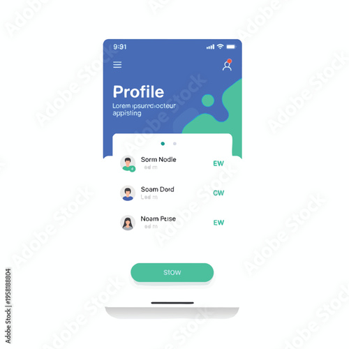 Mobile app profile screen with user list, navigation icons, and accent graphics