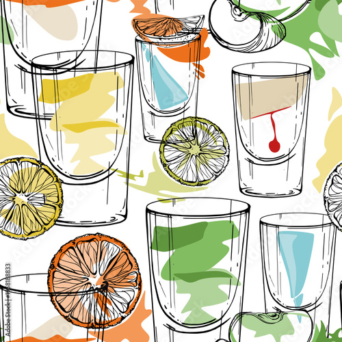 Flatliner, Slippery nipple, Appletini, Blue Kamikaze Multicolor tile of assorted shot ink silhouettes. Hand drawn vector seamless design for festive goods, merchandise, wrapping and themed printables.