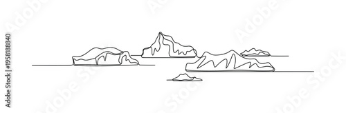 Polar Icebergs. Minimalistic one-line drawing floating icebergs on calm Arctic waters, continuous single black line on white background, simple outline style,