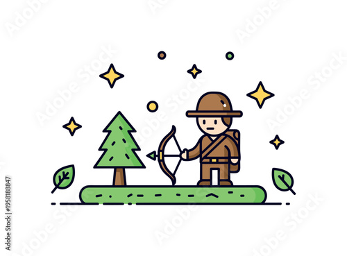 Game character fantasy knight with armor and small banner representing honor, bravery and heroic quests in a mythical world. Decorative stars and shield icons