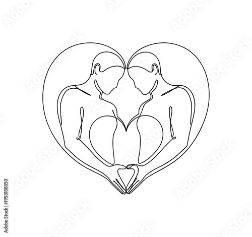 Balanced Love. Minimalistic one-line drawing two people forming gentle heart shape with clear separation between them showing mutual boundaries, continuous
