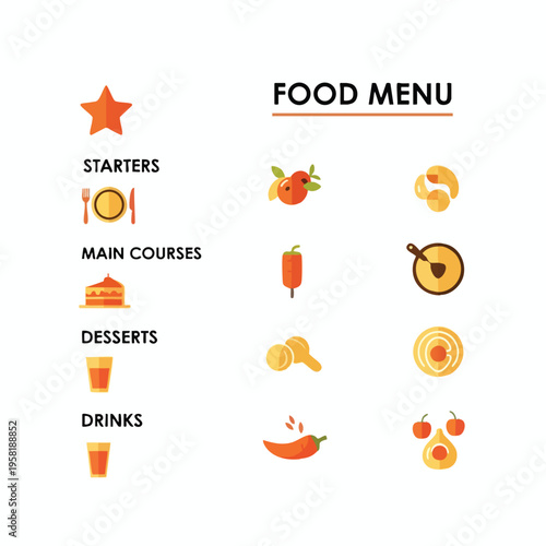A simplified food menu with icons for starters, main courses, desserts, and drinks