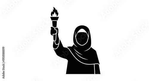 Woman wearing headscarf holding torch high.