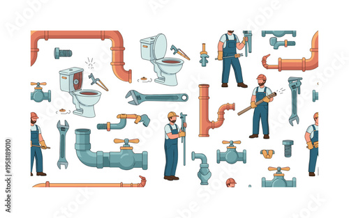 plumbing repair seamless pattern, toilets being replaced, plumbers, wrenches, pipes, bolts, and water valves arranged in a repeating pattern, white background