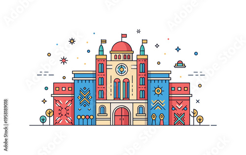 Architecture as historical legacy iconic monument rising above a simple landscape symbolizing the enduring memory of past civilizations. Decorative stars and