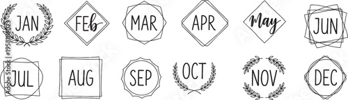 A set of twelve decorative frames, each featuring a three-letter abbreviation for a month of the year, with various unique border designs.