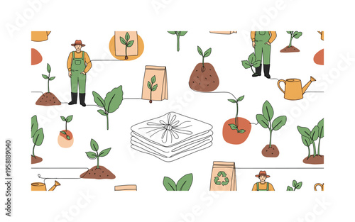 organic seed cultivation seamless pattern, farmers planting seeds, sprouting plants, seed packets, watering cans and eco-friendly agriculture symbols arranged