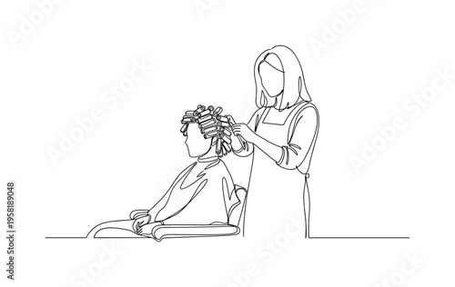 Salon Perm Session. Minimalistic one-line drawing client seated with perm rods and stylist attending, continuous single black line on white background, simple