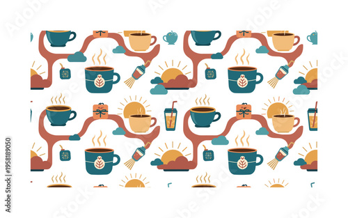 relaxed evening coffee seamless pattern, cups with steam sunset suns clouds and cozy drink icons arranged in a repeating pattern, white background with warm