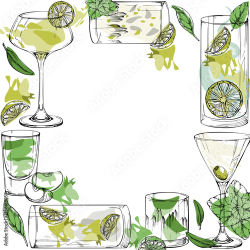 Vector frame with lime wheels, mint sprigs and cocktail outlines. Martini, Caipirinha, Mojito glasses hand drawn in ink for branding, blog headers, holiday menus, themed prints and bar stationery.