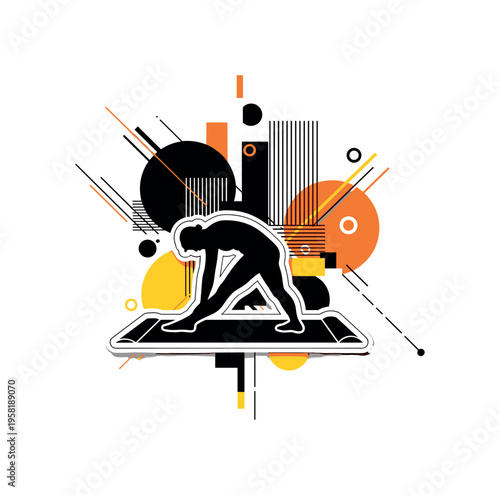 yoga mat with human silhouette stretching abstract circles lines and geometric shapes representing morning routine and wellness black and white retro human