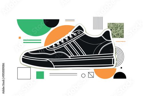 vegan shoe with plant fiber texture symbol abstract semicircles lines and geometric blocks symbolizing cruelty free footwear black and white retro shoe object
