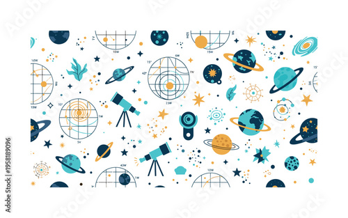stellar cartography seamless pattern, coordinate grids, planets, stars, telescopes, galaxies and cosmic icons arranged in a repeating pattern, white background