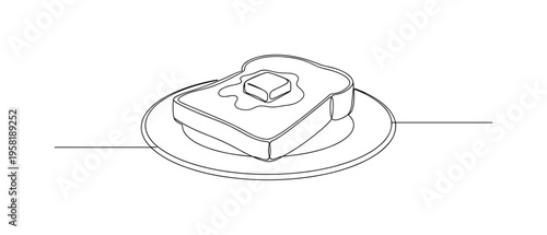 Breakfast Treat. Minimalistic one-line drawing butter melting on a warm slice of toast on a plate, continuous single black line on white background, simple