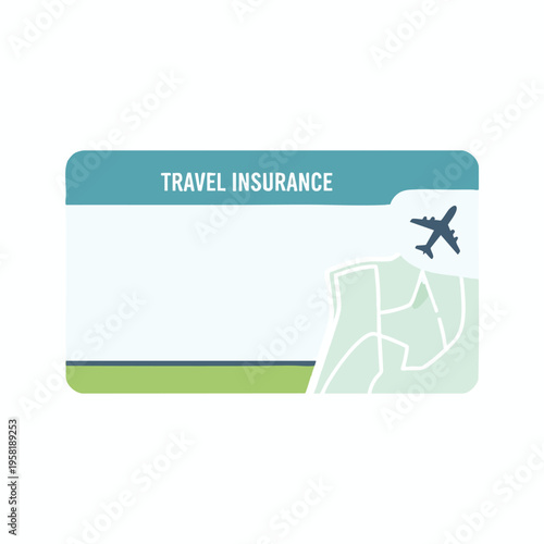 A stylized travel insurance card with "TRAVEL INSURANCE" text, an airplane, and map design