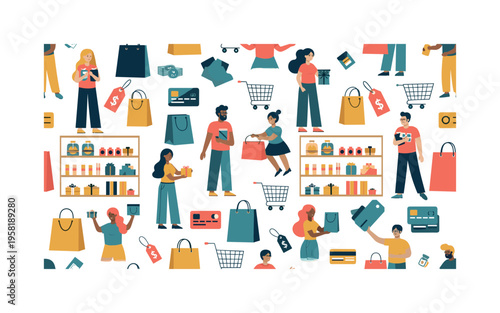 purchasing behavior seamless pattern, consumers selecting products, shopping bags, credit cards, carts, price tags and checkout symbols arranged in a repeating